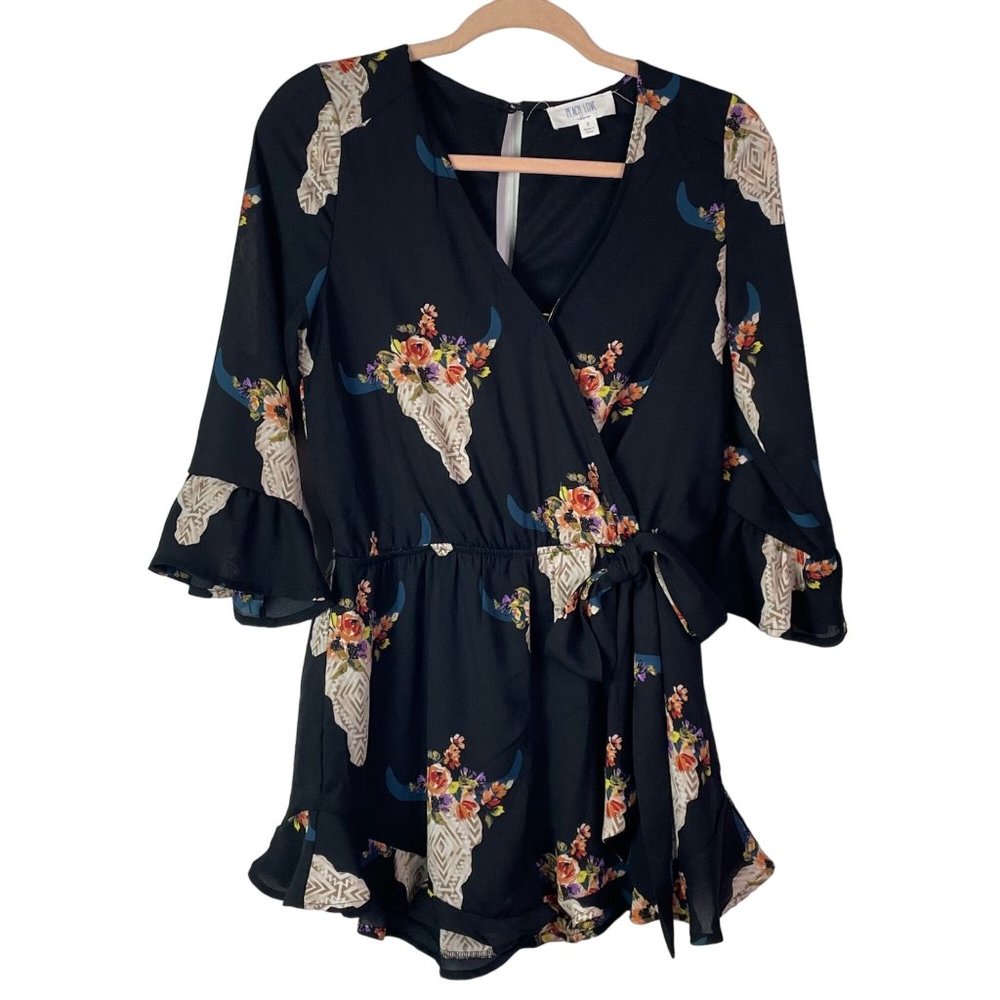 Cowgirl Rodeo Western Romper Boho Festival Cow Skull Floral V Neck Shorts S
